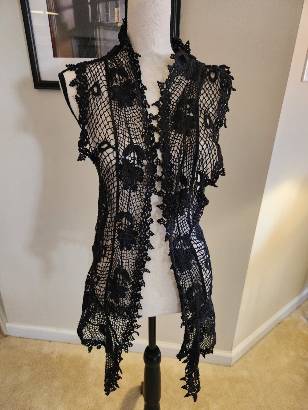 Black Crochet Lace Vest High Neck Duster